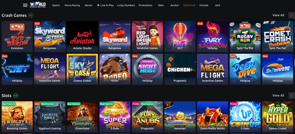 Types of games available at World Sports Betting Casino in South Africa